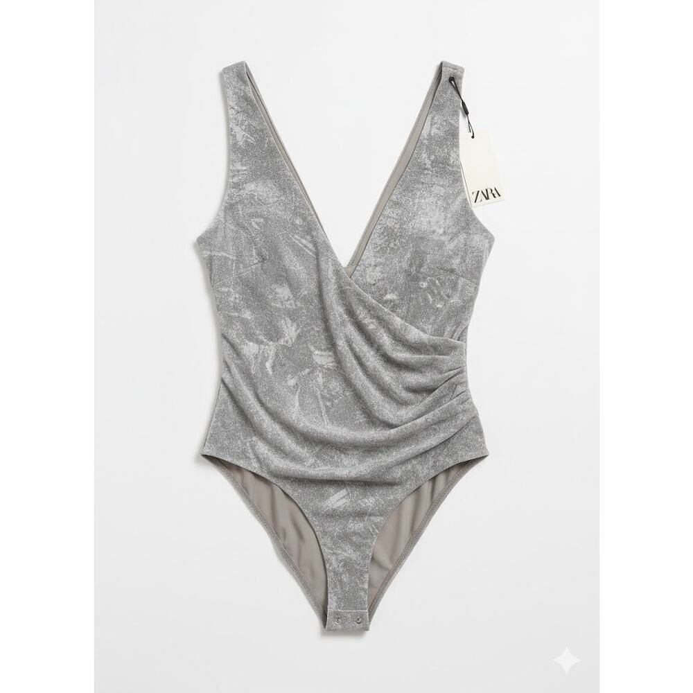 Zara XXL Charcoal Gray Tulle Bodysuit Sleeveless V-Neck Draped Party Top